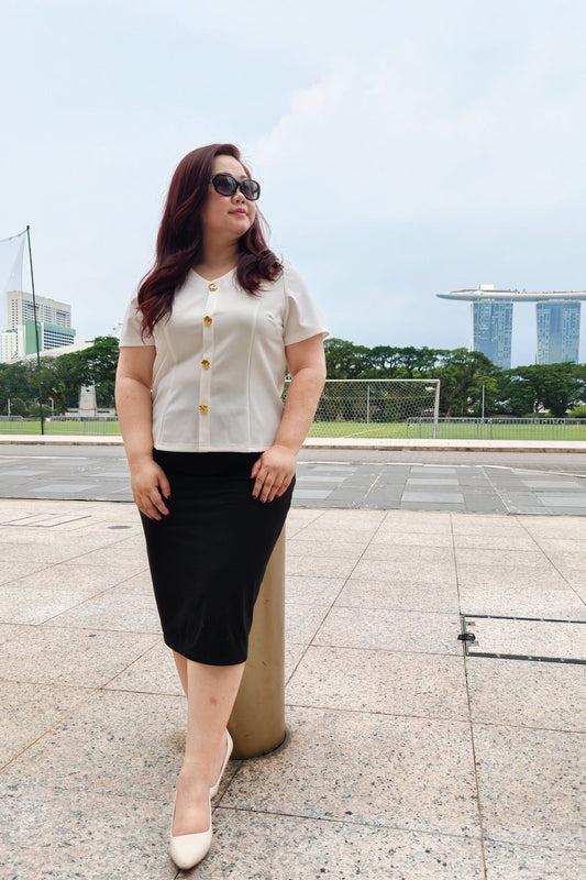 Classic V‑Neck Gold Button White Blouse - Bubbly