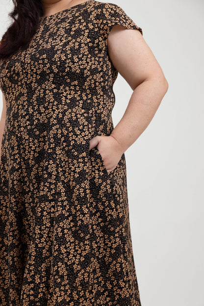 Tan Floral A-Line Dress