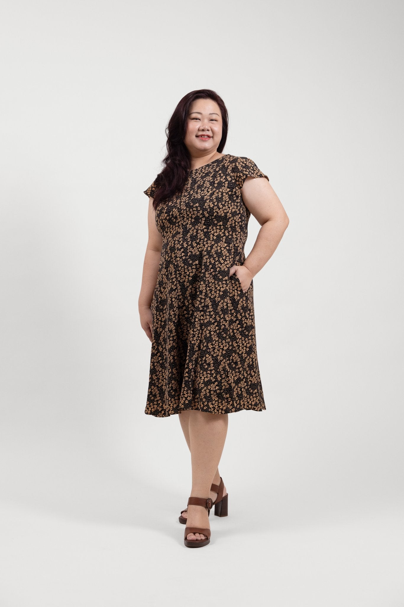 Tan Floral A-Line Dress