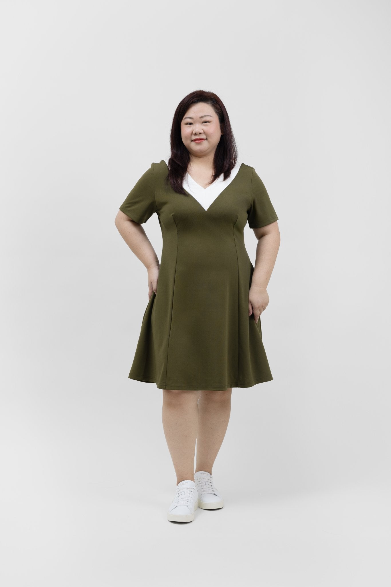 Olive Green Colour Bloc A-Line Dress