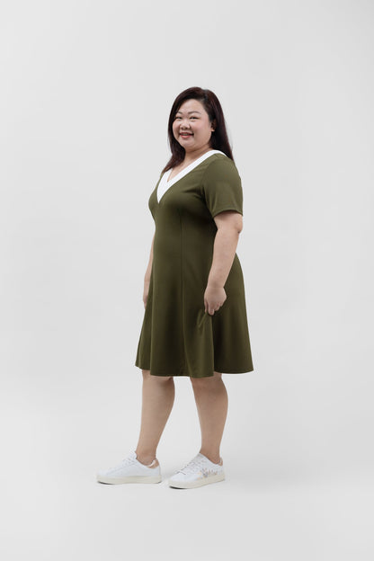 Olive Green Colour Bloc A-Line Dress