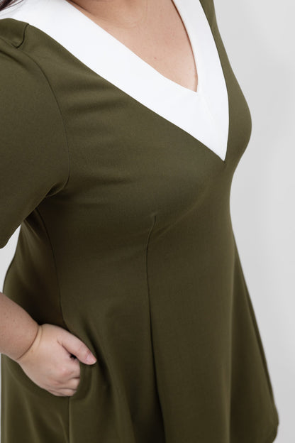 Olive Green Colour Bloc A-Line Dress