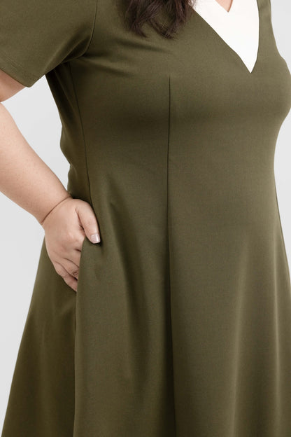Olive Green Colour Bloc A-Line Dress