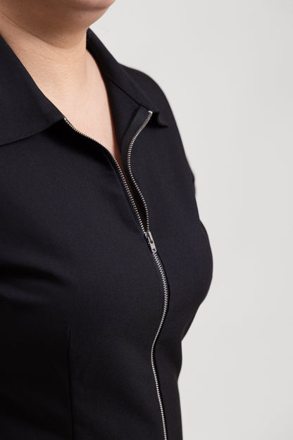 Black Short Sleeve Zip-Front Pleated Hem Dress