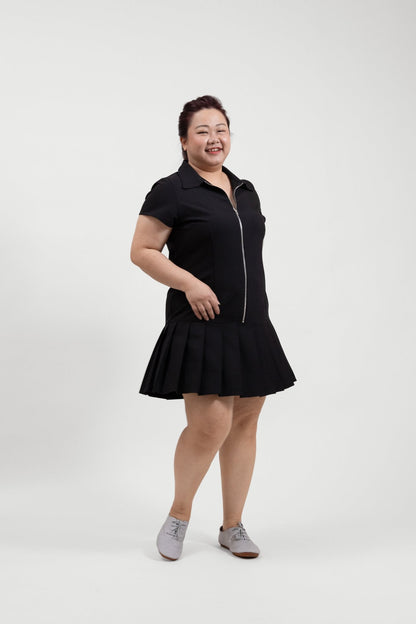 Black Short Sleeve Zip - Front Pleated Hem Dress - Bubbly