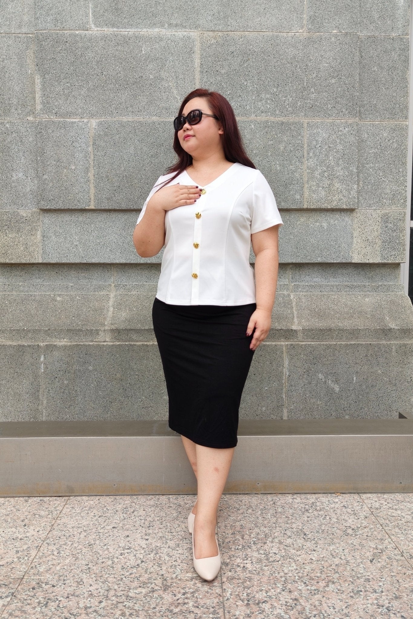 Classic V‑Neck Gold Button White Blouse - Bubbly