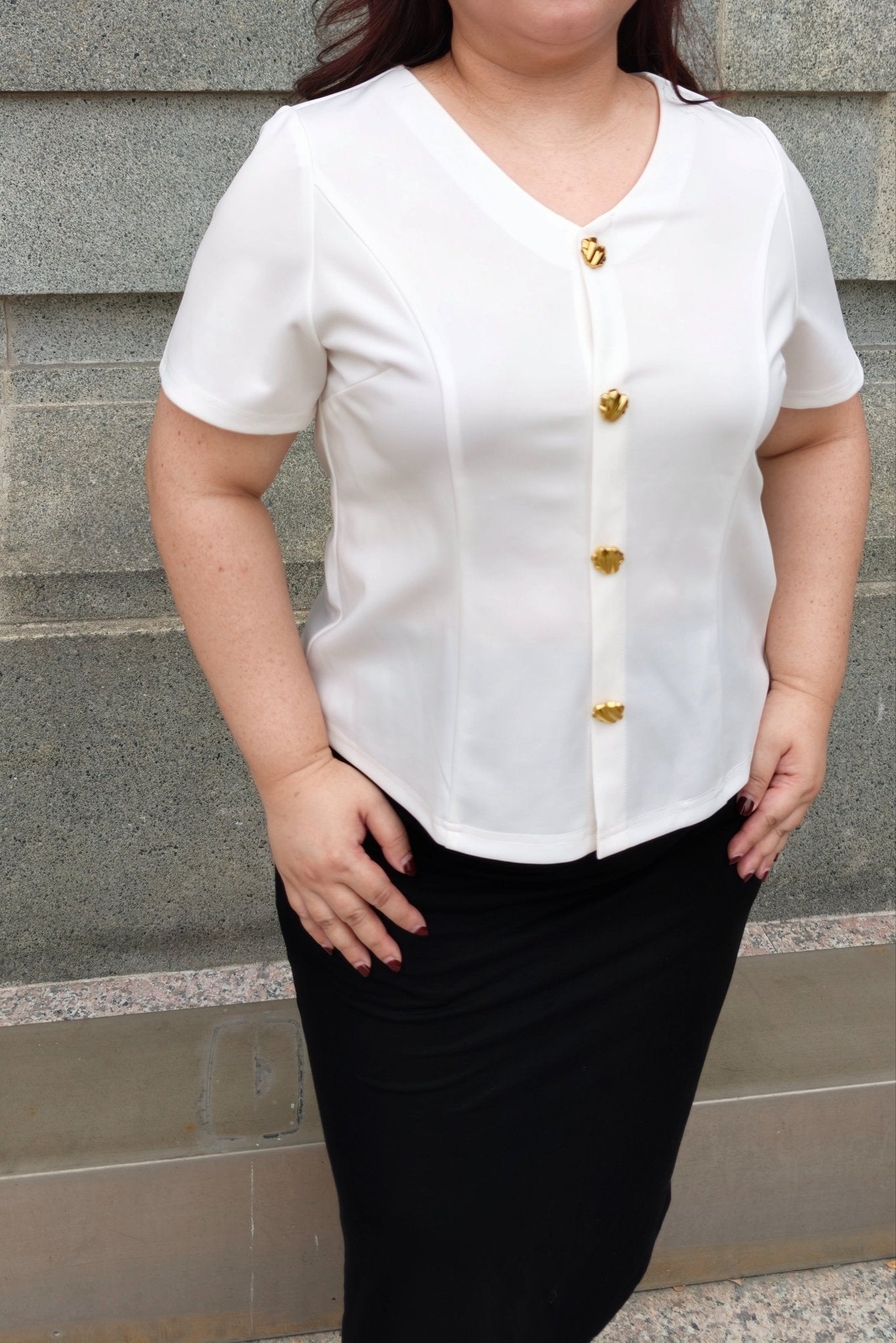 Classic V‑Neck Gold Button White Blouse - Bubbly