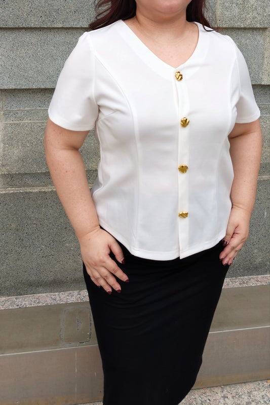 Classic V‑Neck Gold Button White Blouse - Bubbly