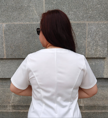 Classic V‑Neck Gold Button White Blouse - Bubbly