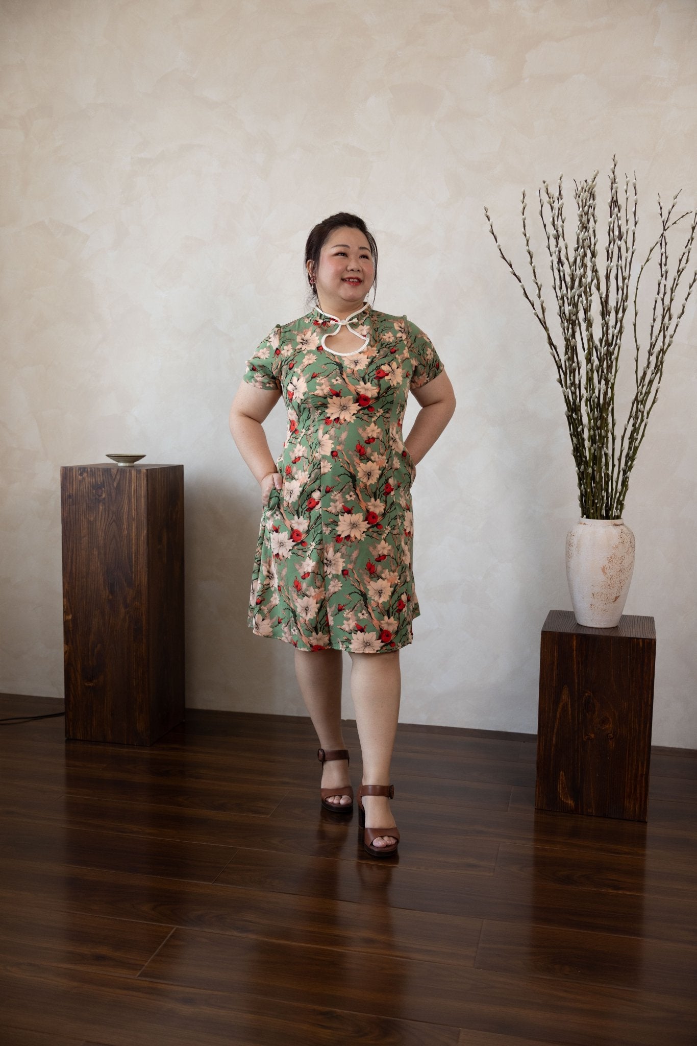 Floral Spring Qipao Dress with keyhole neck - Bubbly