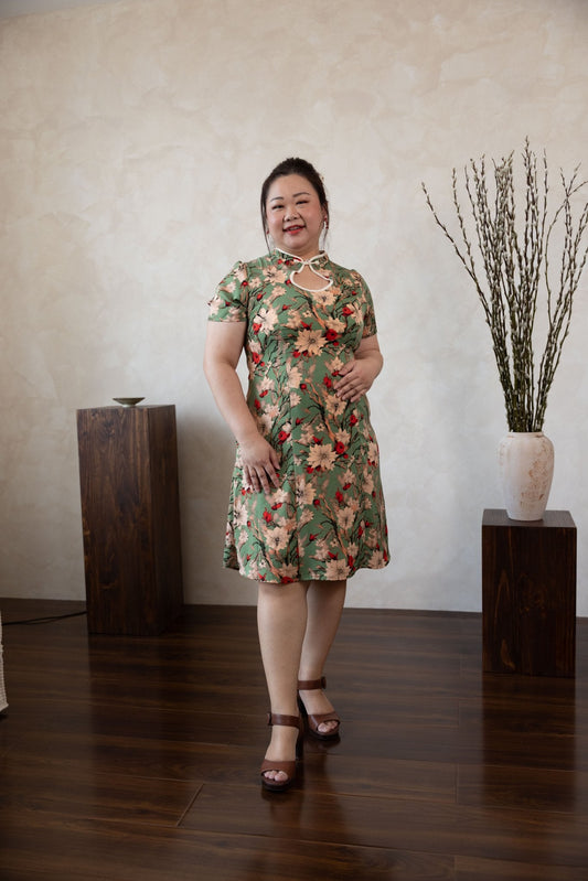 Floral Spring Qipao Dress with keyhole neck - Bubbly