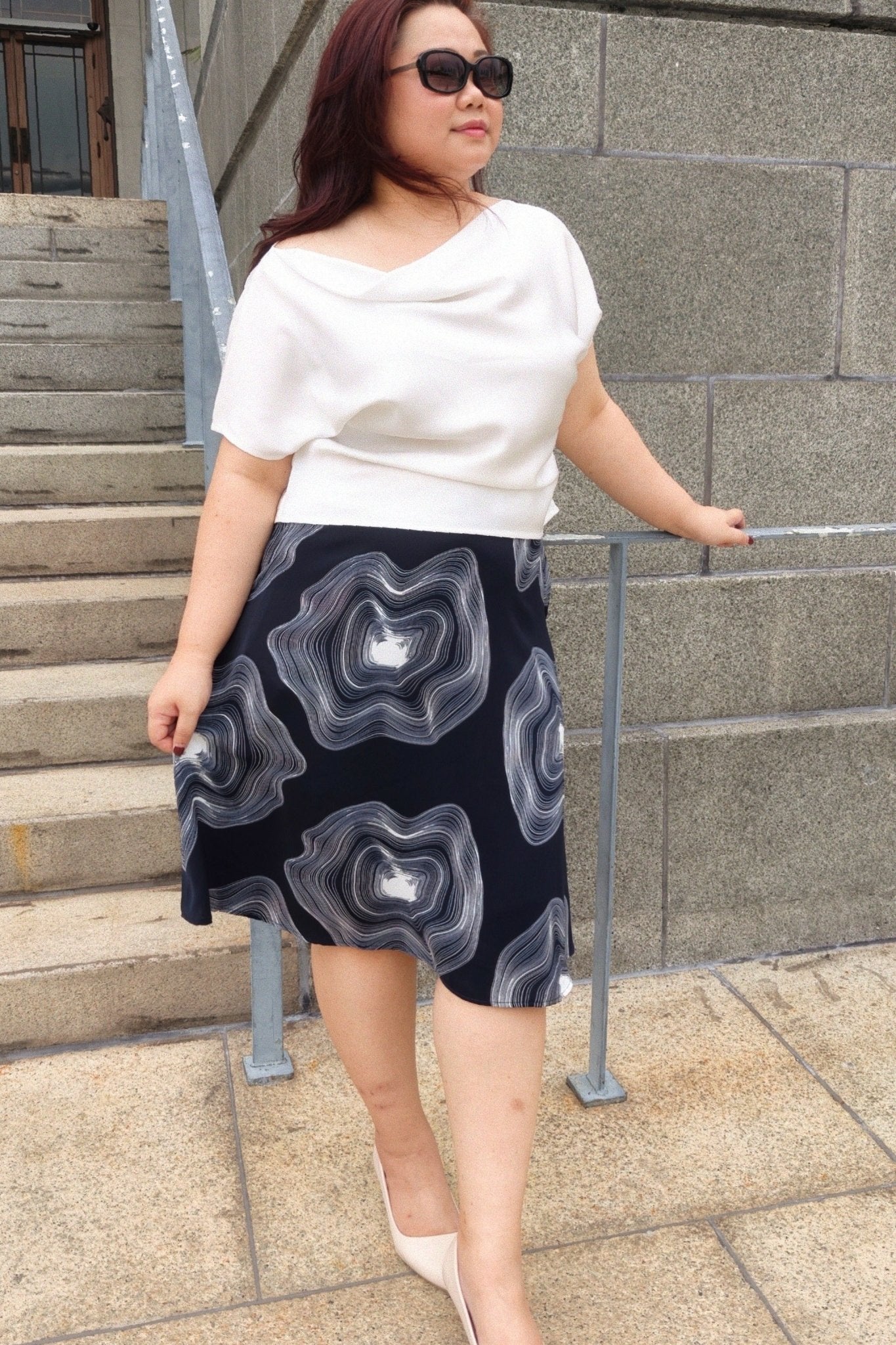 Navy Abstract A - Line Midi Skirt - Bubbly
