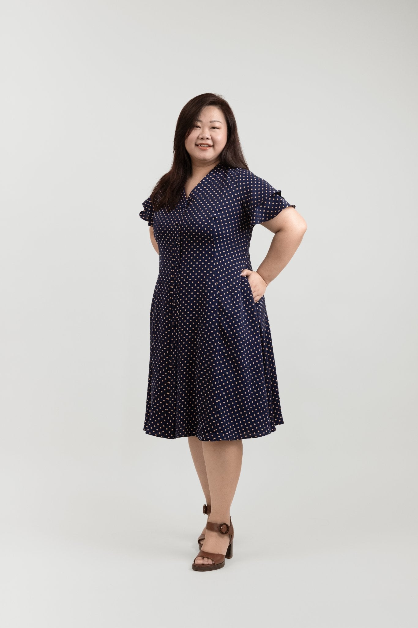 Navy Blue Midi Button Front Dress with Polka Dots - Bubbly