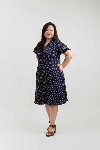 Navy Blue Midi Button Front Dress with Polka Dots - Bubbly