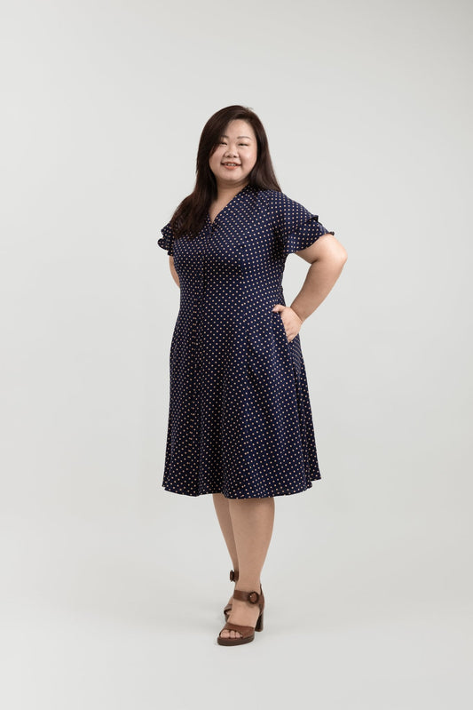 Navy Blue Midi Button Front Dress with Polka Dots - Bubbly
