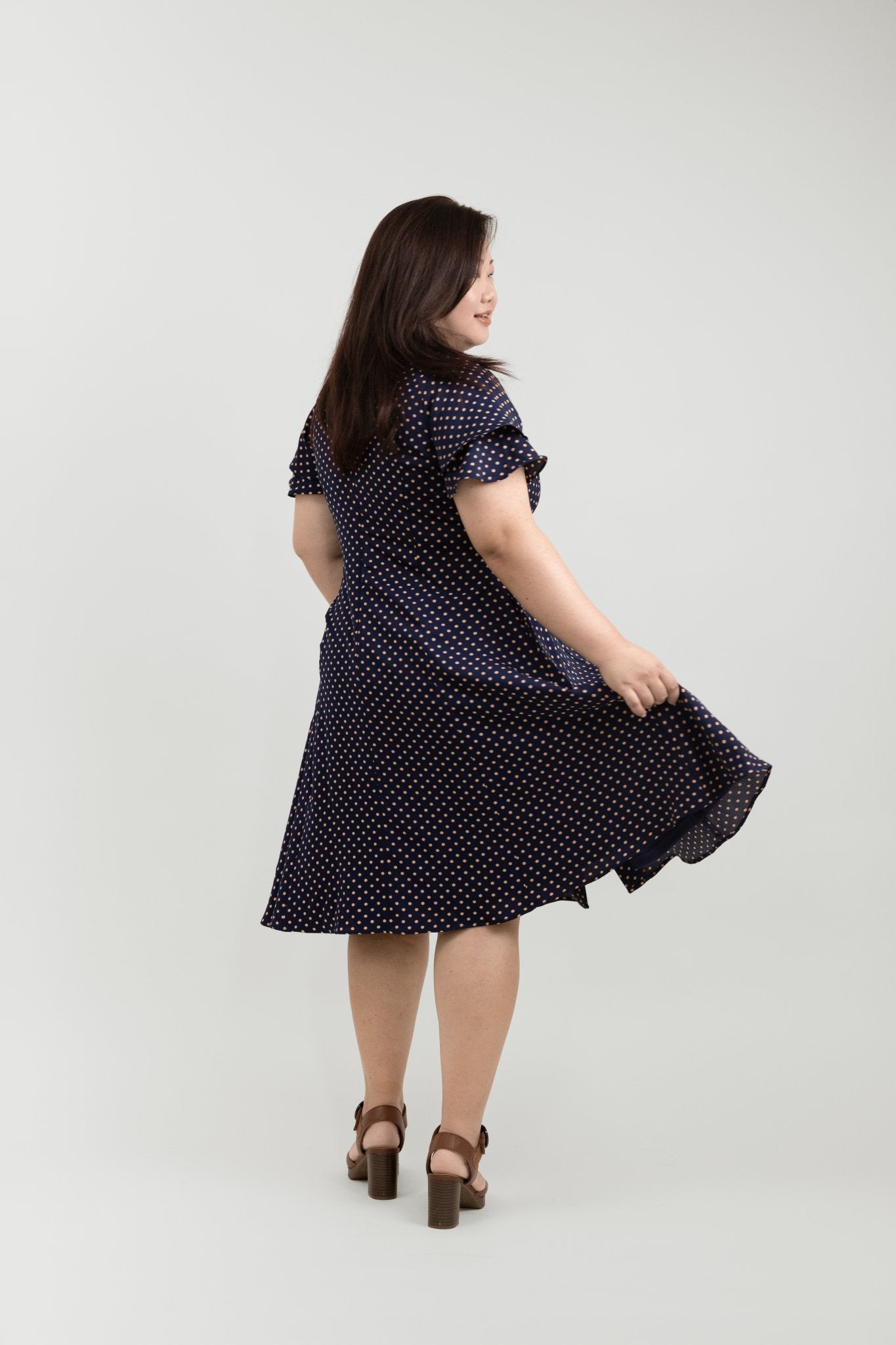 Navy Blue Midi Button Front Dress with Polka Dots - Bubbly