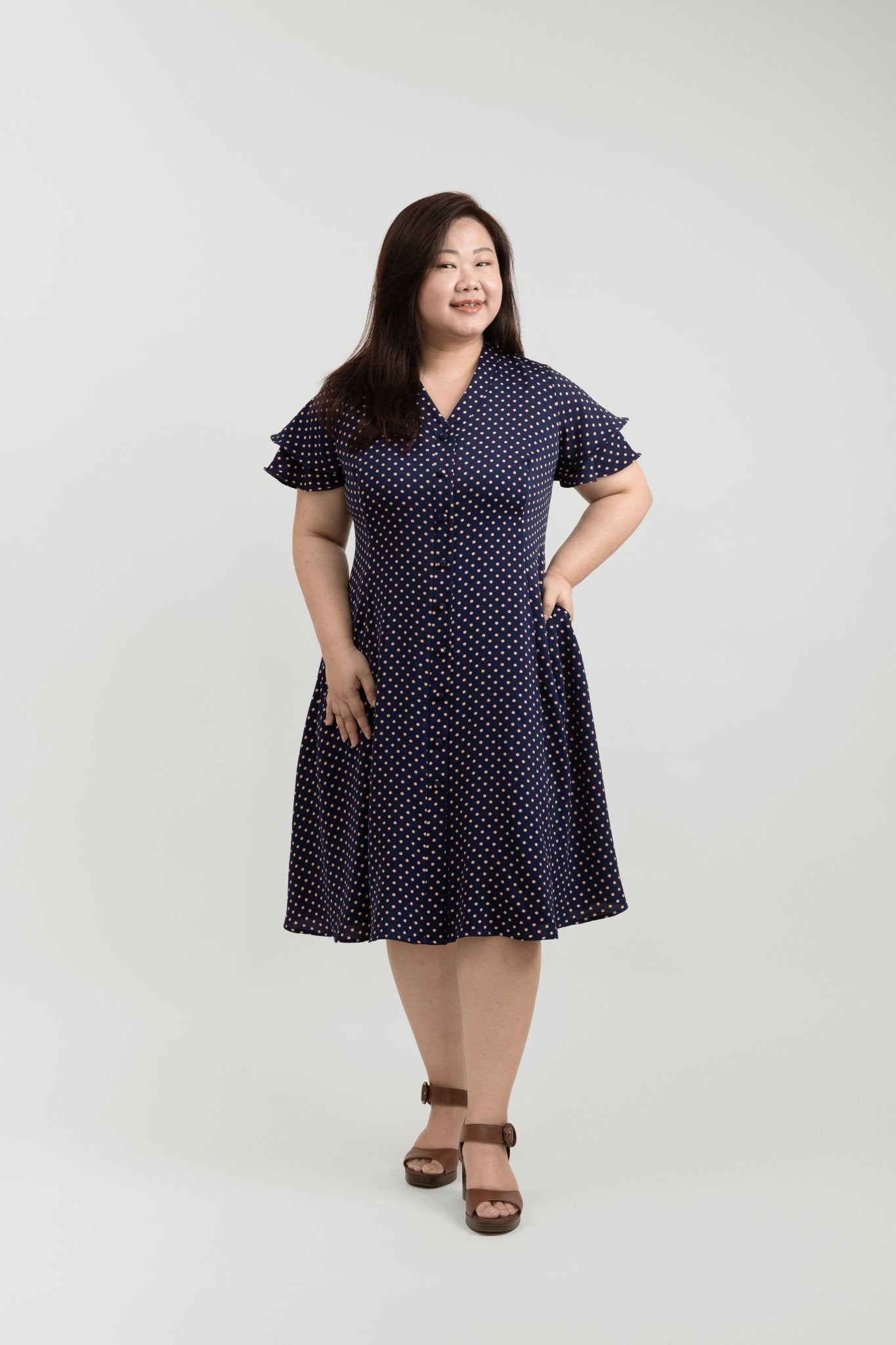 Navy Blue Midi Button Front Dress with Polka Dots - Bubbly