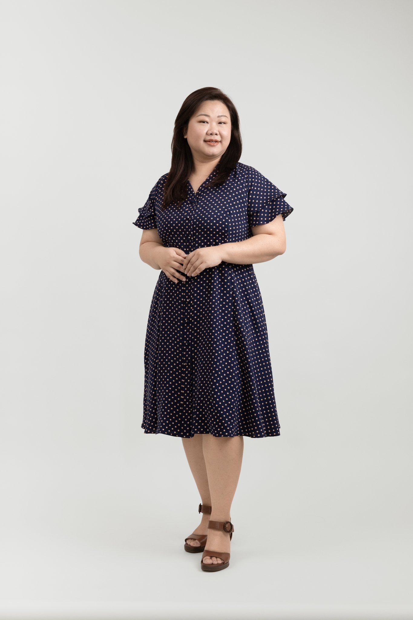 Navy Blue Midi Button Front Dress with Polka Dots - Bubbly