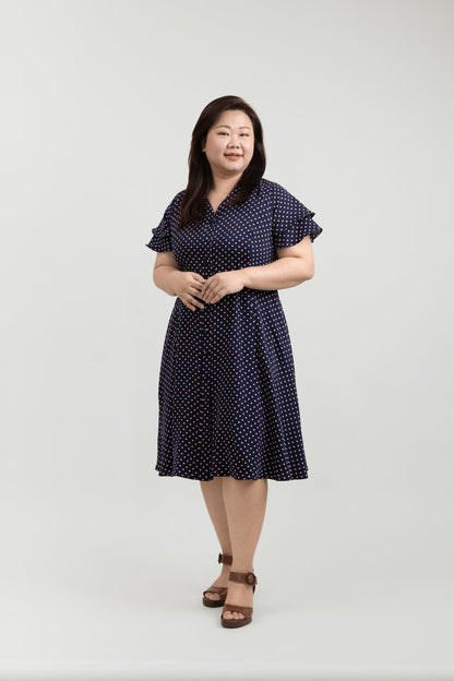 Navy Blue Midi Button Front Dress with Polka Dots - Bubbly