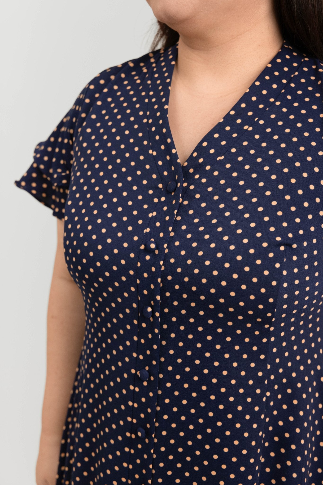 Navy Blue Midi Button Front Dress with Polka Dots - Bubbly