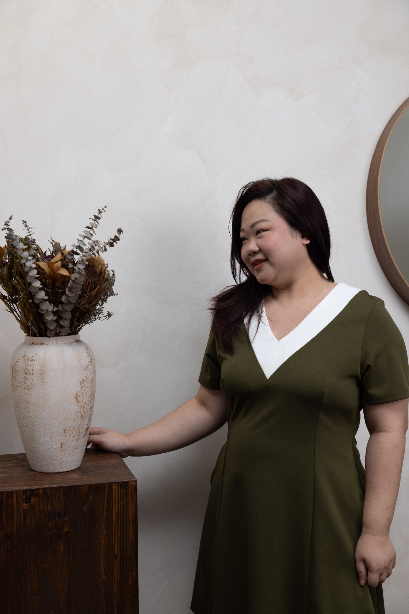 Olive Green Colour Bloc A - Line Dress - Bubbly