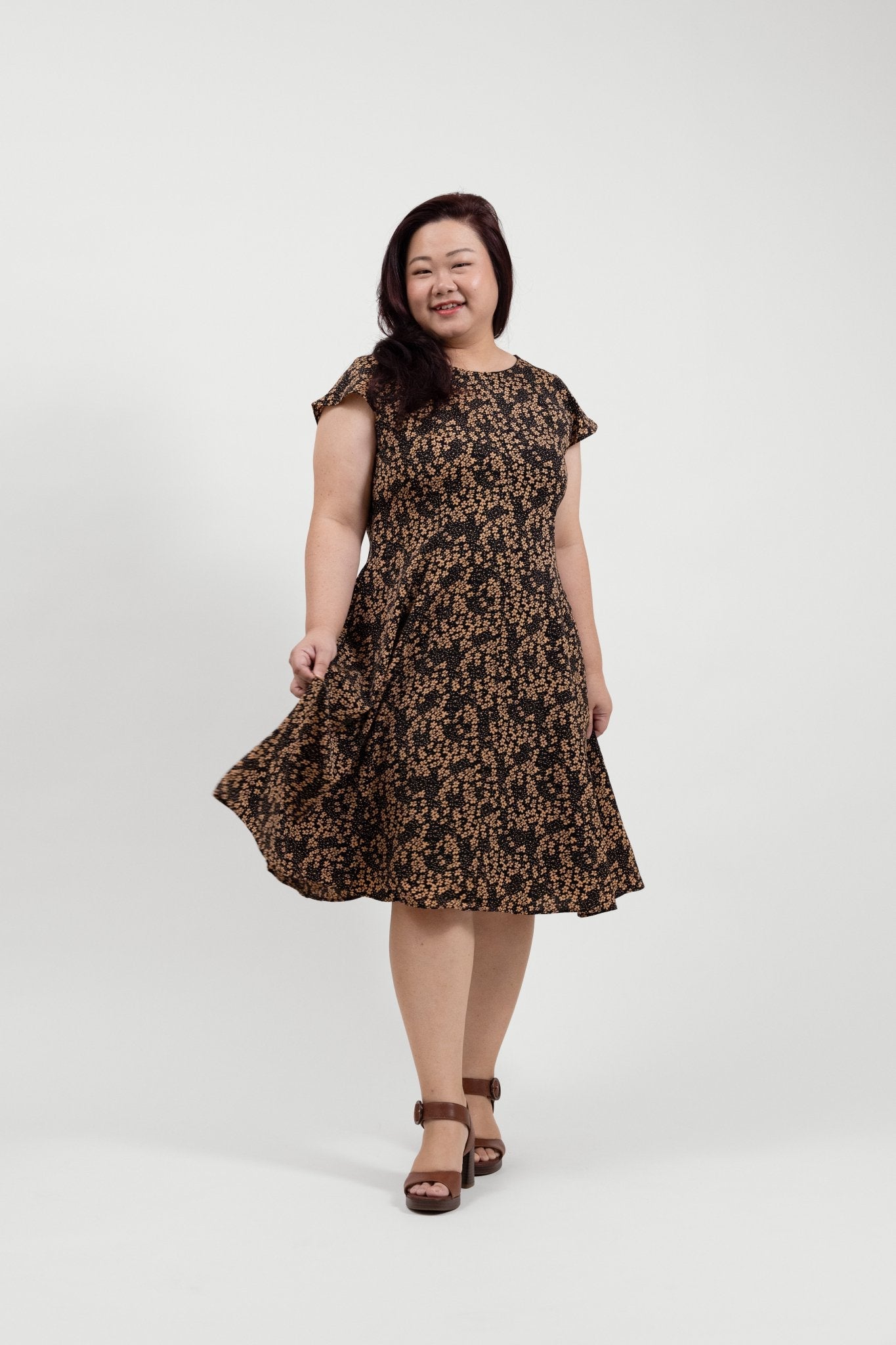 Tan Floral A - Line Dress - Bubbly