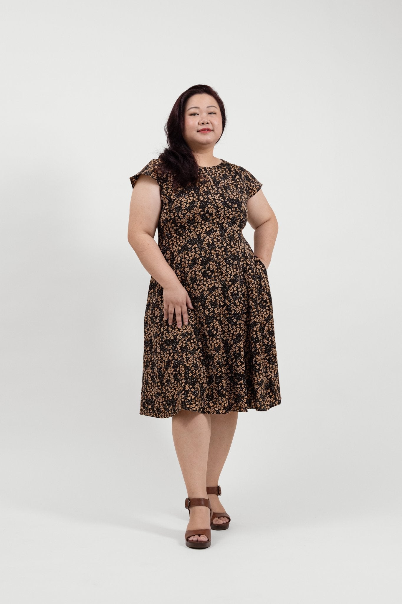 Tan Floral A - Line Dress - Bubbly