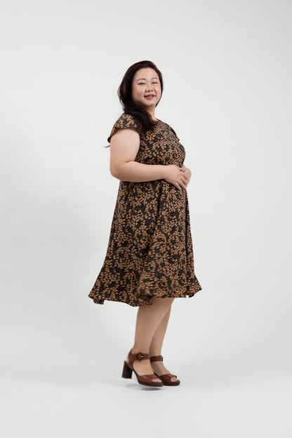 Tan Floral A - Line Dress - Bubbly